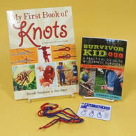 Knot tying kit with two books and blue and red cords