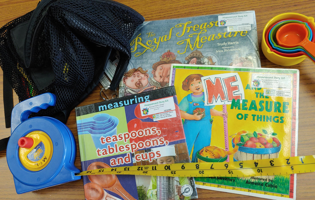 Story kit about measurement, with three books, black backpack, colorful plastic measuring cups, and big blue plastic tape measure